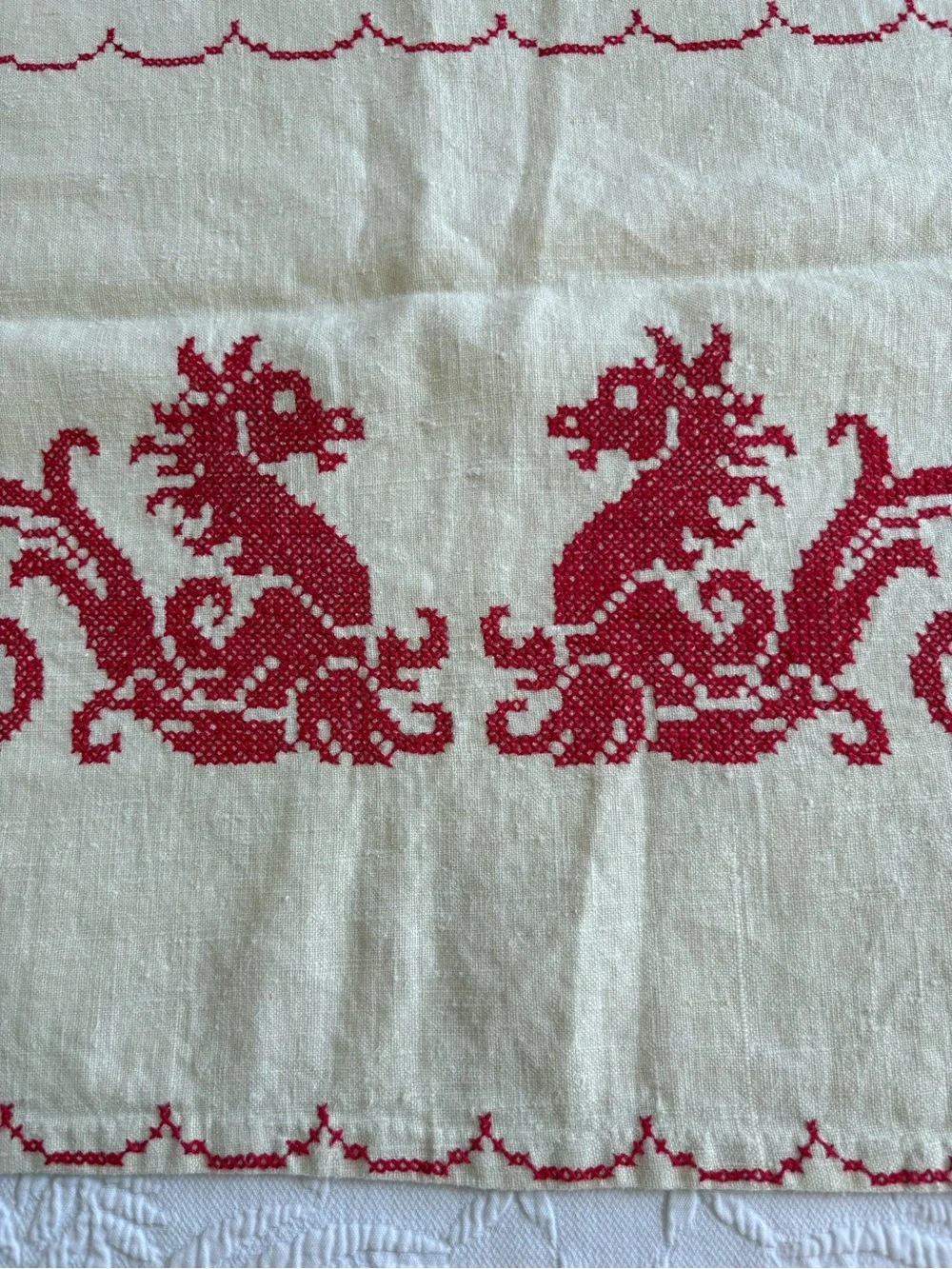 Vintage Red and Cream Embroidered Dining Tablecloth